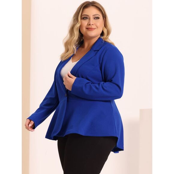 Women's Plus Size Ruffle V Neck Button Notch Panel Peplum Blazers Cobalt Blue - Picture 2 of 5